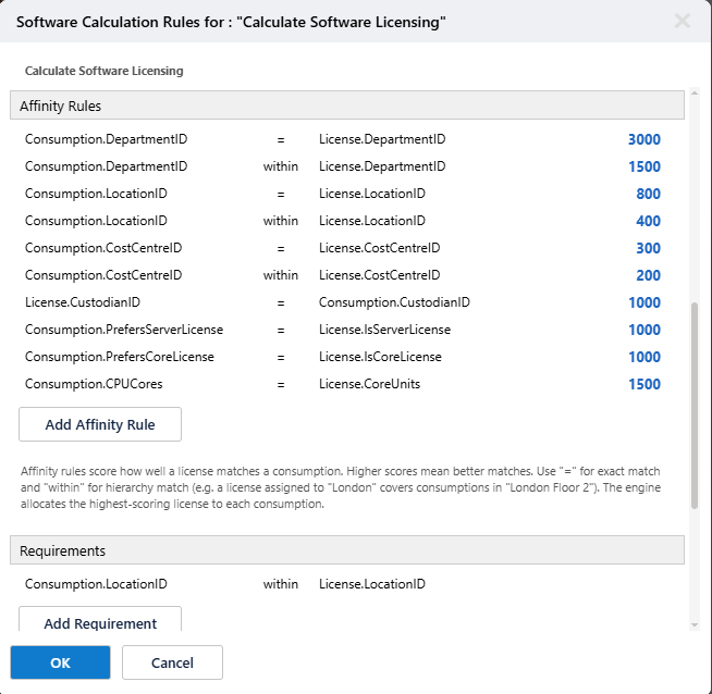 Calculate Software Licensing configuration dialog - affinity rules