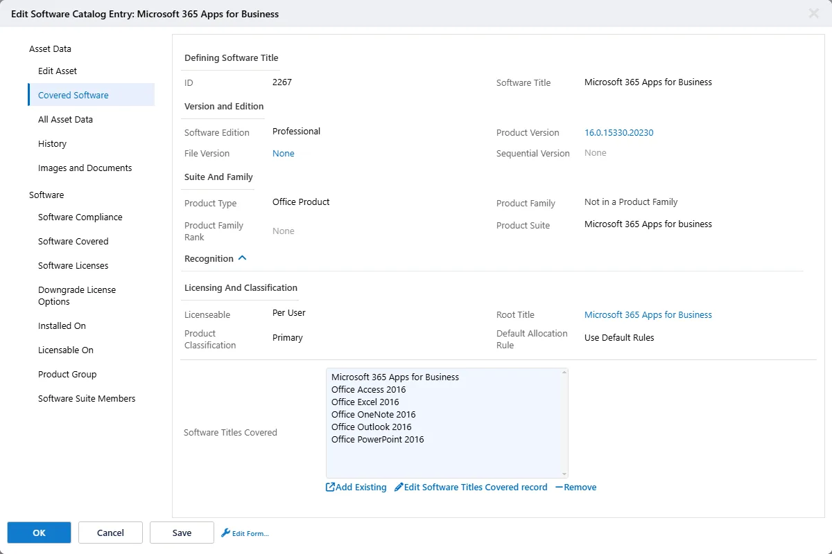 Software Titles Covered tab showing Office Access, Excel, OneNote, Outlook, PowerPoint all rolling up to Microsoft 365 Apps for Business