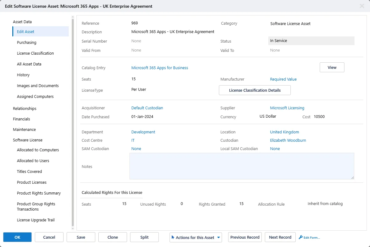 Edit Software License Asset dialog for Microsoft 365 Apps - UK Enterprise Agreement showing Seats 15, LicenseType Per User, Cost 10500, with Calculated Rights panel below