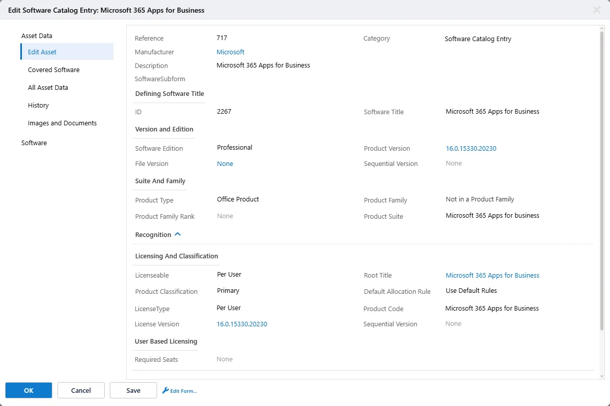 Edit Software Catalog Entry dialog for Microsoft 365 Apps for Business showing LicenseType: Per User