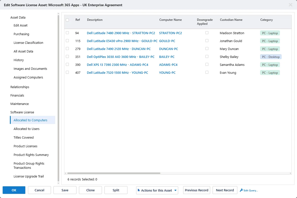 Allocated to Computers tab on the license dialog, listing six named PCs with custodian names
