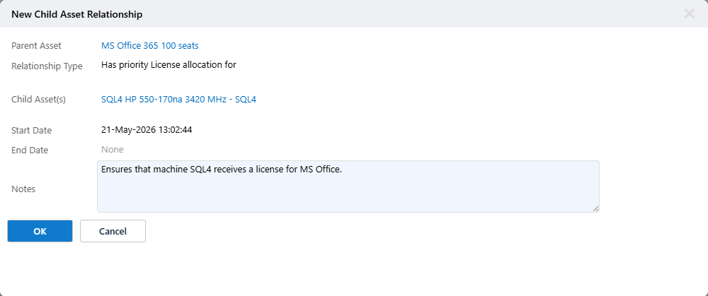License to Asset Assignment Dialog Box