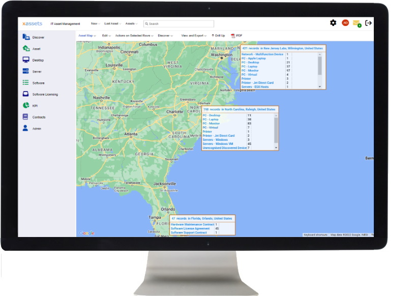 Screenshot of assets in xAssets IT Asset Management Software rendered on a Map using d3 and google maps overlay technology