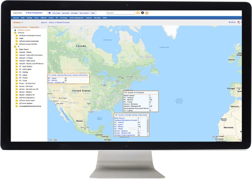 Screenshot of Assets on a Map from the xAssets Fixed Asset Management product