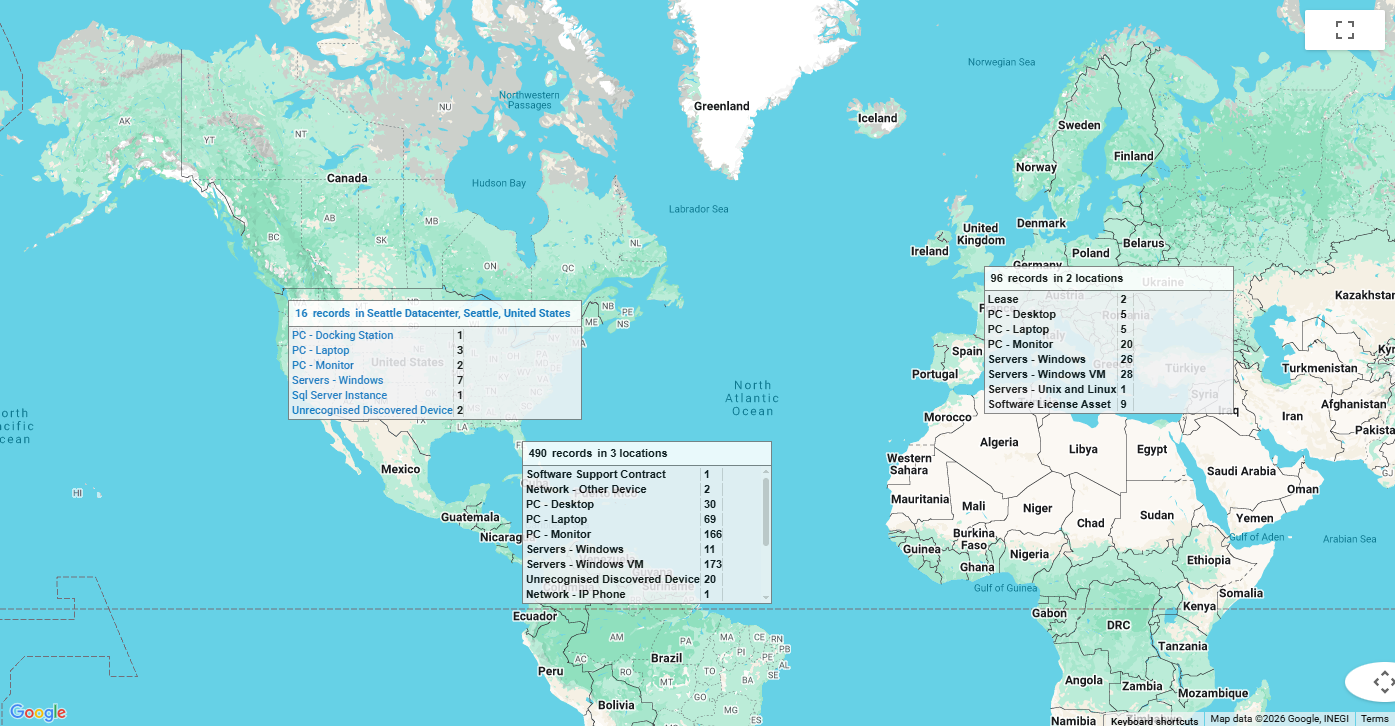 Screenshot of assets in xAssets Network Discovery rendered on a Map using d3 and google maps overlay technology
