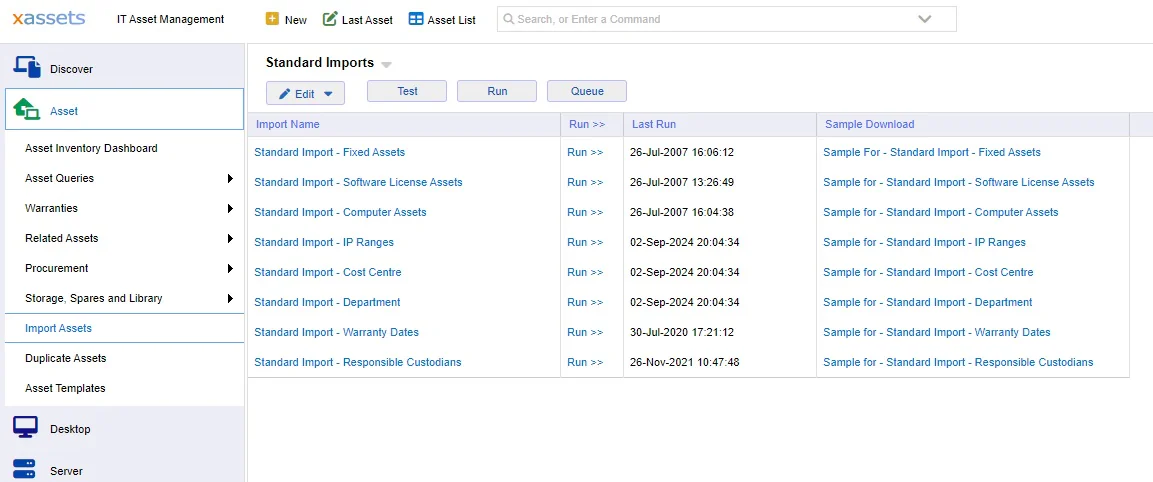 Standard import screen